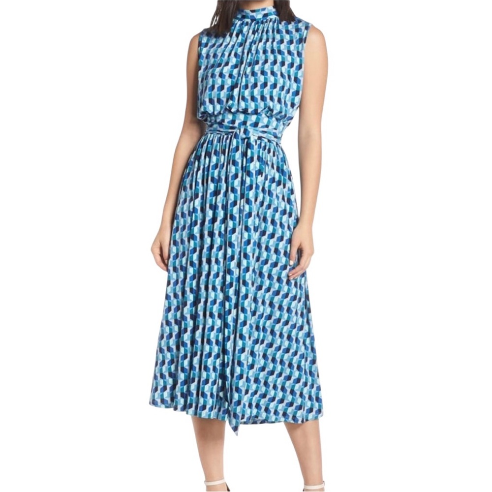 Leota Women's Sleeveless Midi Blue White Geometric Ruched Waist Aria Dress SZ L